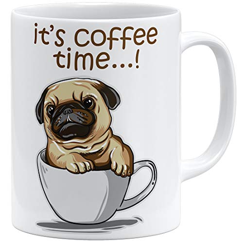 OM3® Pug It's Coffee Time Mops Tasse mit Hundemotiv | Keramik Becher | 11oz 325ml | Beidseitig Bedruckt | Weiss von OM3