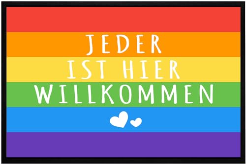 OM3® Regenbogen Fußmatte mit Spruch - Jeder ist Hier willkommen - Regenbogenfahne Pride LGBTQ - rutschfest & waschbar - 60x40cm - von OM3
