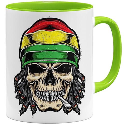 OM3® Reggae Rasta Skull Kaffee-Tasse Totenkopf Ragga Jamaika Weed | Keramik Becher | 11oz 325ml | Beidseitig Bedruckt | Hellgrün von OM3