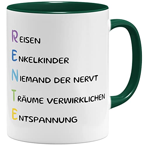 OM3® Rente Tasse mit Spruch Abschiedsgeschenk Ruhestand| Keramik Becher | 11oz 325ml | Beidseitig Bedruckt | Grün von OM3