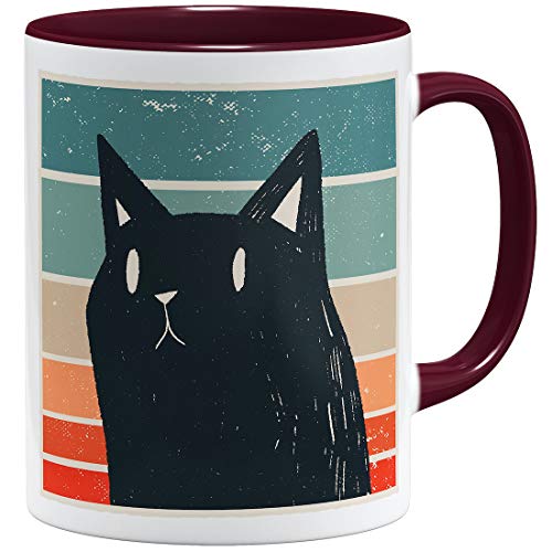 OM3® Retro Style Black Cat Katzen Tasse mit Katzenmotiv | Keramik Becher | 11oz 325ml | Beidseitig Bedruckt | Bordeaux von OM3