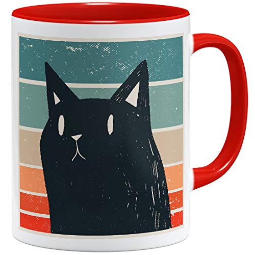 OM3® Retro Style Black Cat Katzen Kaffee-Tasse mit Katzenmotiv | Keramik Becher | 11oz 325ml | Beidseitig Bedruckt | Rot von OM3