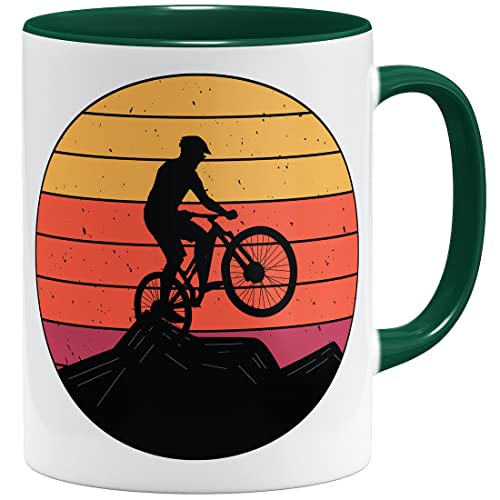 OM3® Retro Sunset Mountainbike Tasse mit Fahrrad MTB Bicycle Biking | Keramik Becher | 11oz 325ml | Beidseitig Bedruckt | Grün von OM3