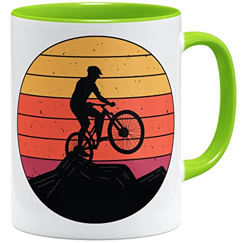 OM3® Retro Sunset Mountainbike Tasse mit Fahrrad MTB Bicycle Biking | Keramik Becher | 11oz 325ml | Beidseitig Bedruckt | Hellgrün von OM3