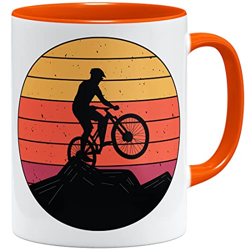 OM3® Retro Sunset Mountainbike Tasse mit Fahrrad MTB Bicycle Biking | Keramik Becher | 11oz 325ml | Beidseitig Bedruckt | Orange von OM3