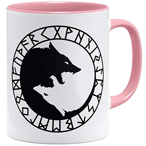 OM3® Runen-Yin-Yang-Wölfe Tasse | Keramik Becher | 11oz 325ml | Vikings Wolves Wikinger Symbol Logo Nordic Warrior | Rosa von OM3