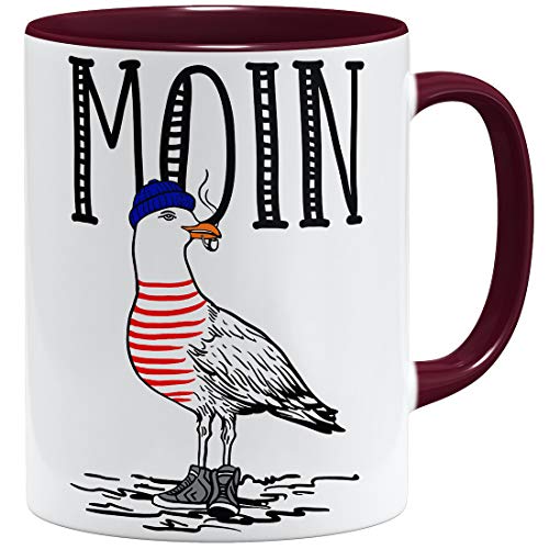 OM3® Seemöwe Moin Tasse Guten Morgen Möwe II | Keramik Becher | 11oz 325ml | Beidseitig Bedruckt | Bordeaux von OM3