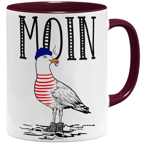 OM3® Seemöwe Moin Kaffee-Tasse mit Spruch - Guten Morgen Möwe II | Keramik Becher | 11oz 325ml | Beidseitig Bedruckt | Bordeaux von OM3