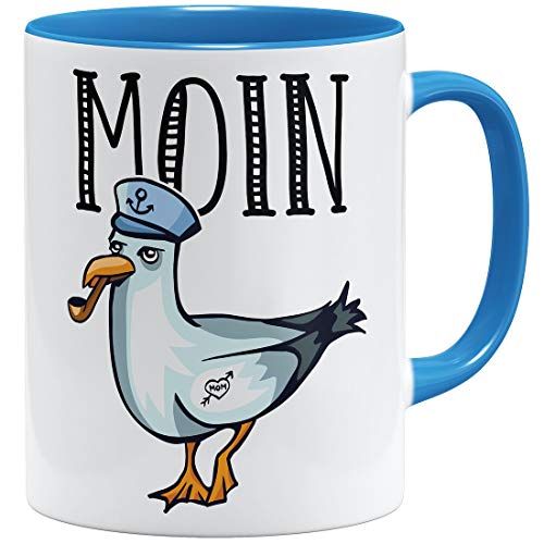 OM3® Seemöwe Moin Tasse mit Spruch Guten Morgen Möwe | Keramik Becher | 11oz 325ml | Beidseitig Bedruckt | Hellblau von OM3