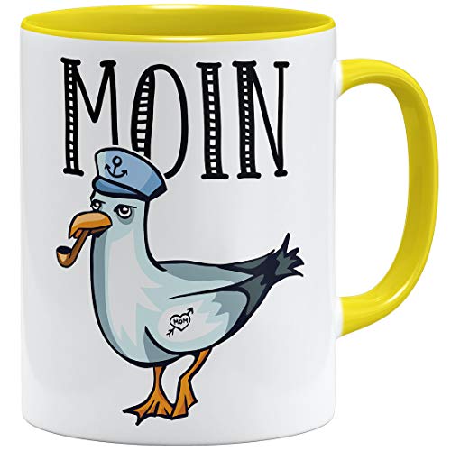 OM3® Seemöwe Moin Tasse mit Spruch Guten Morgen Möwe | Keramik Becher | 11oz 325ml | Beidseitig Bedruckt | Gelb von OM3