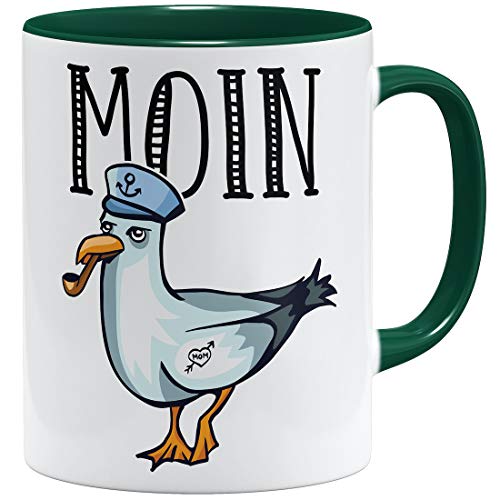 OM3® Seemöwe Moin Tasse mit Spruch Guten Morgen Möwe | Keramik Becher | 11oz 325ml | Beidseitig Bedruckt | Grün von OM3