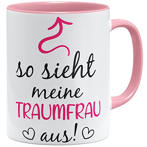 OM3® So Sieht Meine Traumfrau aus Tasse Geschenkidee für Partnerin | Keramik Becher | 11oz 325ml | Beidseitig Bedruckt | Rosa von OM3