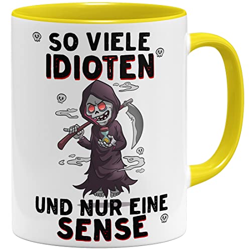 OM3® So viele Idioten und nur eine Sense Tasse mit Sensenmann I | Keramik Becher | 11oz 325ml | Beidseitig Bedruckt | Gelb von OM3