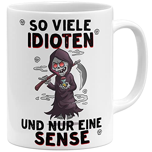 OM3® So viele Idioten und nur eine Sense Tasse mit Sensenmann I | Keramik Becher | 11oz 325ml | Beidseitig Bedruckt | Weiss von OM3