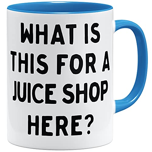 OM3® Spruch Bad English Denglisch Tasse Saftladen Juice Shop II| Keramik Becher | 11oz 325ml | Beidseitig Bedruckt | Hellblau von OM3