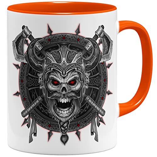 OM3® Totenkopf Wikinger Tasse Skull Head | Keramik Becher | 11oz 325ml | Beidseitig Bedruckt | Orange von OM3