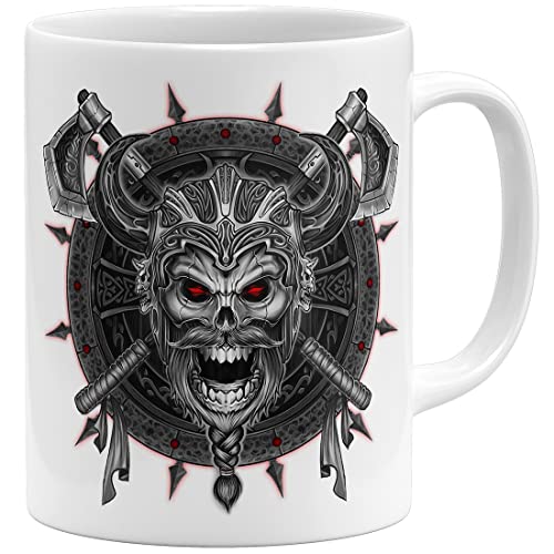 OM3® Totenkopf Wikinger Tasse Skull Head | Keramik Becher | 11oz 325ml | Beidseitig Bedruckt | Weiss von OM3