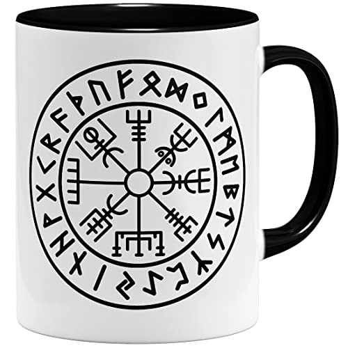 OM3® Vegvisir Compass Runen Tasse | Keramik Becher | 11oz 325ml | Sons of Odin Wikinger Nordic Warrior | Schwarz von OM3