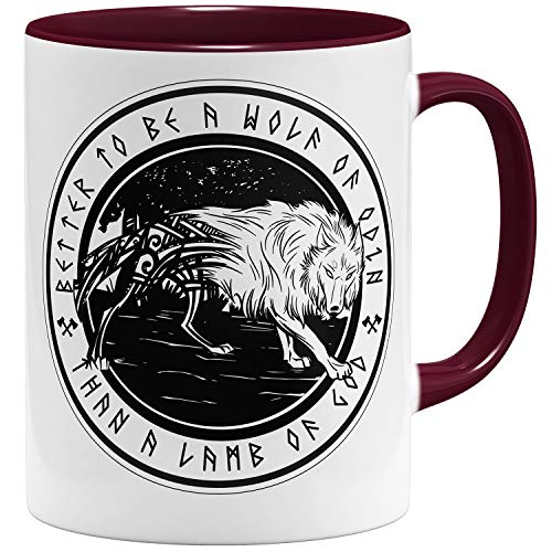 OM3® Vikings Wolf of Odin Kaffee-Tasse Wikinger | Keramik Becher | 11oz 325ml | Beidseitig Bedruckt | Bordeaux von OM3