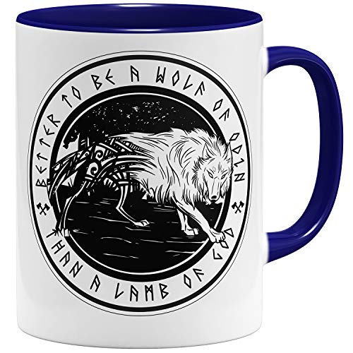 OM3® Vikings Wolf of Odin Tasse Wikinger | Keramik Becher | 11oz 325ml | Beidseitig Bedruckt | Dunkelblau von OM3