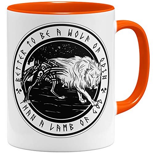 OM3® Vikings Wolf of Odin Tasse Wikinger | Keramik Becher | 11oz 325ml | Beidseitig Bedruckt | Orange von OM3