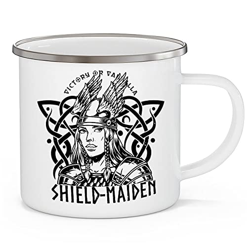 OM3® Wikinger Emaille-Tasse mit Shield Maiden Kriegerin Schildmaid Valhalla or Die | Emailletasse Emaille Becher | 12oz 300ml | Beidseitig Bedruckt | Weiß-Metall von OM3