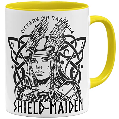 OM3® Wikinger Shield Maiden Tasse Kriegerin Schildmaid Valhalla or Die | Keramik Becher | 11oz 325ml | Beidseitig Bedruckt | Gelb von OM3