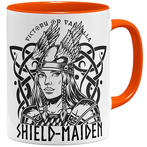 OM3® Wikinger Shield Maiden Tasse Kriegerin Schildmaid Valhalla or Die | Keramik Becher | 11oz 325ml | Beidseitig Bedruckt | Orange von OM3