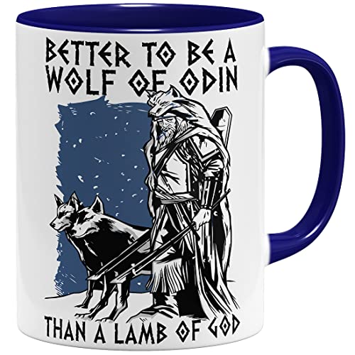 OM3® Wikinger Tasse mit Spruch - Better to be a Wolf of Odin | Keramik Becher | 11oz 325ml | Beidseitig Bedruckt | Dunkelblau von OM3