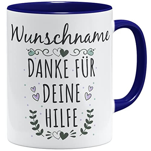 OM3® Wunschname + Danke für Deine Hilfe Tasse Dankeschön Geschenkidee personalisiertes Geschenk Name personalisierbar | Keramik Becher | 11oz 325ml | Beidseitig Bedruckt | Dunkelblau von OM3