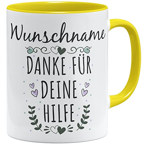 OM3® Wunschname + Danke für Deine Hilfe Tasse Dankeschön Geschenkidee personalisiertes Geschenk Name personalisierbar | Keramik Becher | 11oz 325ml | Beidseitig Bedruckt | Gelb von OM3