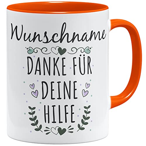 OM3® Wunschname + Danke für Deine Hilfe Tasse Dankeschön Geschenkidee personalisiertes Geschenk Name personalisierbar | Keramik Becher | 11oz 325ml | Beidseitig Bedruckt | Orange von OM3