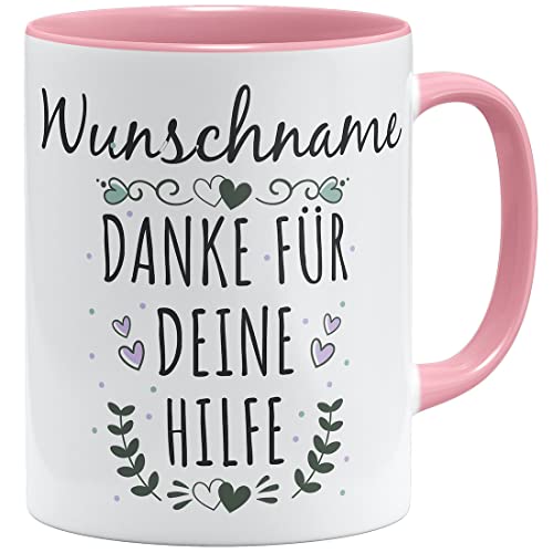 OM3® Wunschname + Danke für Deine Hilfe Tasse Dankeschön Geschenkidee personalisiertes Geschenk Name personalisierbar | Keramik Becher | 11oz 325ml | Beidseitig Bedruckt | Rosa von OM3