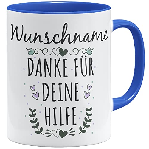 OM3® Wunschname + Danke für Deine Hilfe Tasse Dankeschön Geschenkidee personalisiertes Geschenk Name personalisierbar | Keramik Becher | 11oz 325ml | Beidseitig Bedruckt | Royalblau von OM3