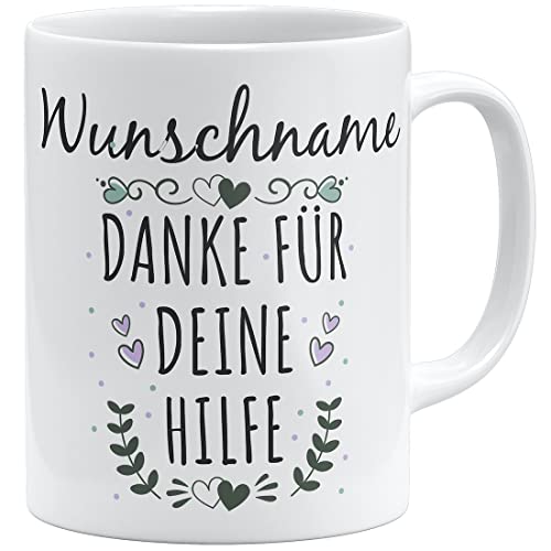 OM3® Wunschname + Danke für Deine Hilfe Tasse Dankeschön Geschenkidee personalisiertes Geschenk Name personalisierbar | Keramik Becher | 11oz 325ml | Beidseitig Bedruckt | Weiss von OM3