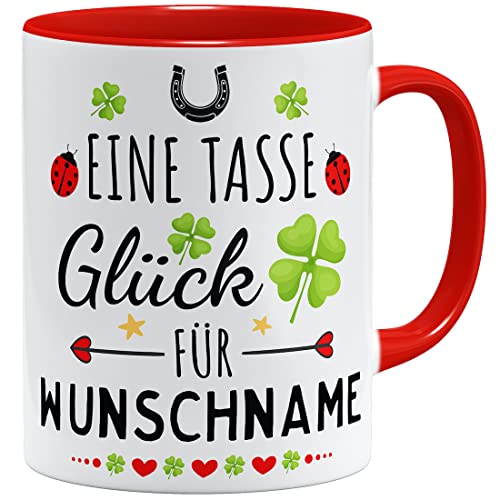 OM3® Wunschname + eine Tasse Glück mit Spruch Dankeschön Geschenkidee personalisiertes Geschenk Name personalisierbar | Keramik Becher | 11oz 325ml | Beidseitig Bedruckt | Rot von OM3