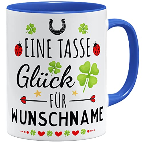 OM3® Wunschname + eine Tasse Glück mit Spruch Dankeschön Geschenkidee personalisiertes Geschenk Name personalisierbar | Keramik Becher | 11oz 325ml | Beidseitig Bedruckt | Royalblau von OM3