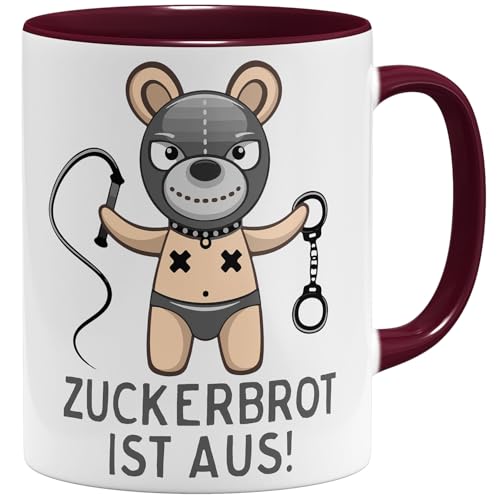 OM3® Zuckerbrot ist aus! SM Teddy Kaffee-Tasse mit frechem Spruch - Keramik Becher - 325ml - Beidseitig Bedruckt - Bordeaux von OM3
