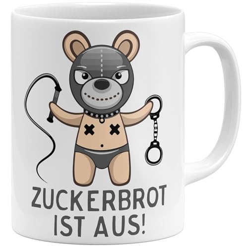 OM3® Zuckerbrot ist aus! SM Teddy Kaffee-Tasse mit frechem Spruch - Keramik Becher - 325ml - Beidseitig Bedruckt - Weiss von OM3