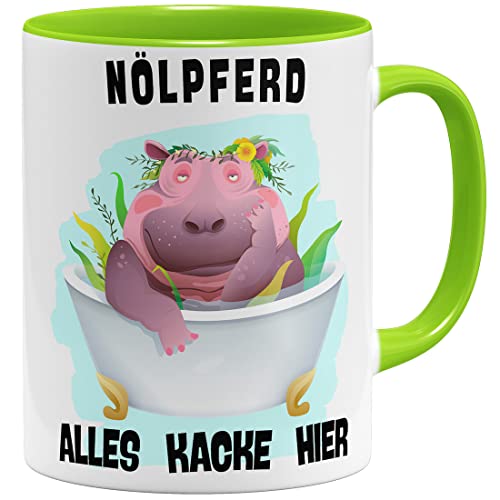 OM3® alles Kacke Hier - Nölpferd Tasse mit lustigem Spruch | Keramik Becher | 325ml | Beidseitig Bedruckt | Hellgrün von OM3