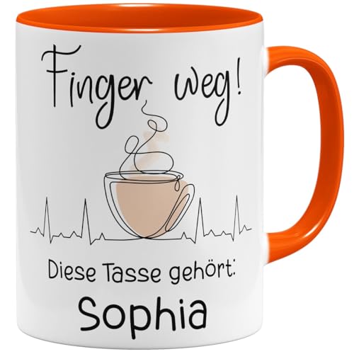 OM3® bedruckte Kaffee-Tasse mit Spruch - Finger weg diese Tasse gehört Wunschname - personalisierbar | Keramik Becher | 325ml | Beidseitig Bedruckt | Orange von OM3