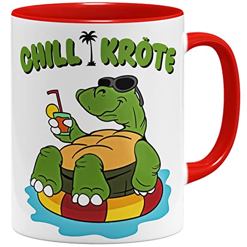 OM3® Coole Chill Kröte Schildkröte Tasse mit lustigem Spruch Wortspiel | Keramik Becher | 325ml | Beidseitig Bedruckt | Rot von OM3