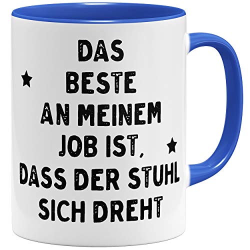 OM3® das beste an meinem Job ist, dass der Stuhl sich dreht Statement Tasse mit Spruch - Bürotasse | Keramik Becher | 11oz 325ml | Beidseitig Bedruckt | Royalblau von OM3