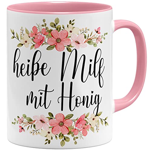 OM3® heiße Milf mit Honig Tasse mit Spruch Milfkaffee Kitschig | Keramik Becher | 11oz 325ml | Beidseitig Bedruckt | Rosa von OM3