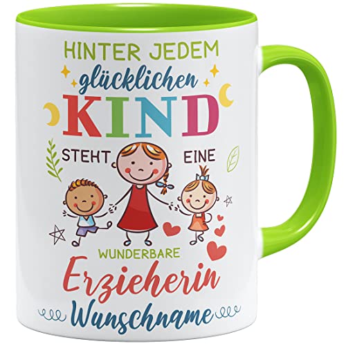 OM3® hinter jedem glücklichen Kind Steht eine wunderbare Erzieherin Tasse Geschenkidee personalisiertes Geschenk Name personalisierbar | Keramik Becher | 11oz 325ml | Beidseitig Bedruckt | Hellgrün von OM3