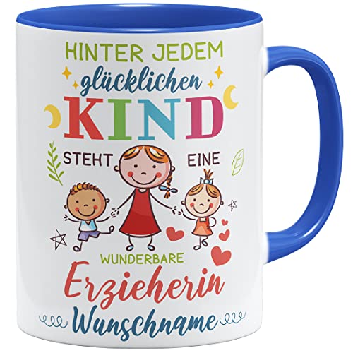 OM3® hinter jedem glücklichen Kind steht eine wunderbare Erzieherin Tasse Geschenkidee personalisiertes Geschenk Name personalisierbar | Keramik Becher | 11oz 325ml | Beidseitig Bedruckt | Royalblau von OM3