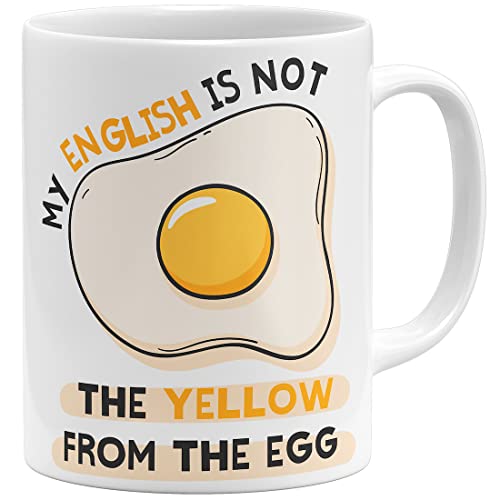 OM3® lustige Denglisch Tasse mit Spruch - My English is not The Yellow from The Egg | Keramik Becher | 11oz 325ml | Beidseitig Bedruckt | Weiss von OM3