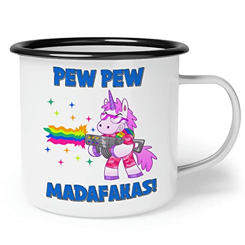 OM3® lustige Emaille-Tasse mit Spruch - Einhorn Regenbogen Pew Pew Madafakas | Emailletasse Emaille Becher | 12oz 300ml | Beidseitig Bedruckt | Weiß-Schwarz von OM3