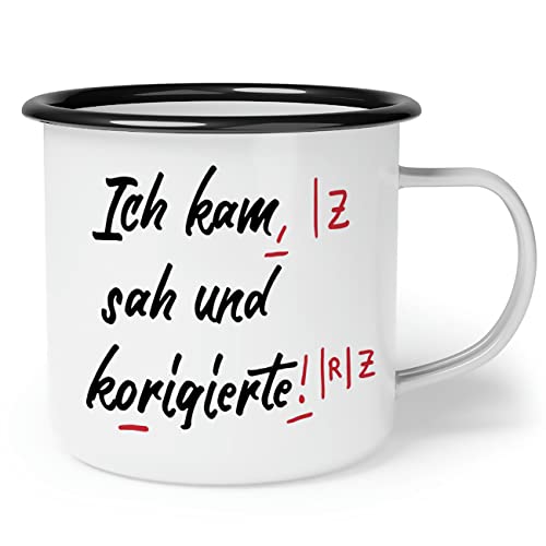 OM3® lustige Emaille-Tasse mit Spruch für Lehrer - Ich kam SAH und korigierte Lehrergeschenk | lustige Emailletasse lustige Emaille Becher | 12oz 300ml | Beidseitig Bedruckt | Weiß-Schwarz von OM3