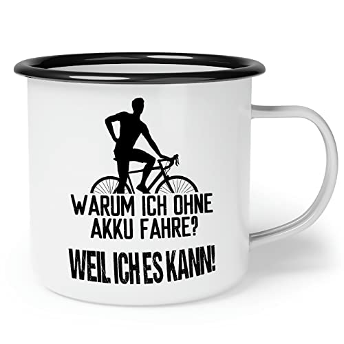 OM3® lustige Fahrrad Emaille-Tasse mit Spruch - Warum ich ohne Akku fahre? - Weil ich es kann | Emailletasse Emaille Becher | 12oz 300ml | Beidseitig Bedruckt | Weiß-Schwarz von OM3